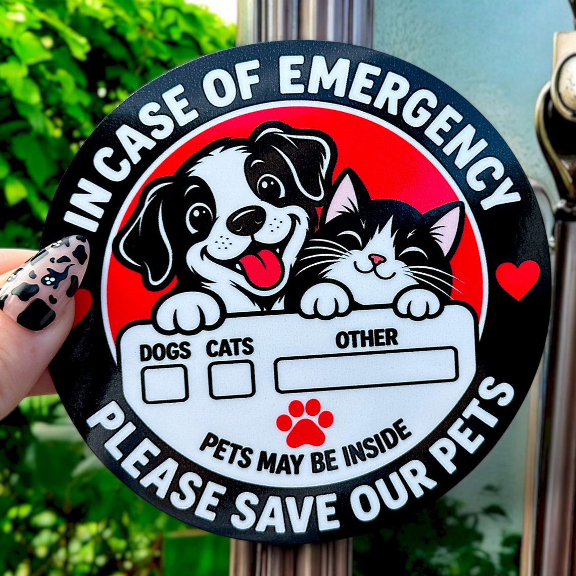 Pet emergency sticker for dogs and cats that alerts first responders pets may be inside