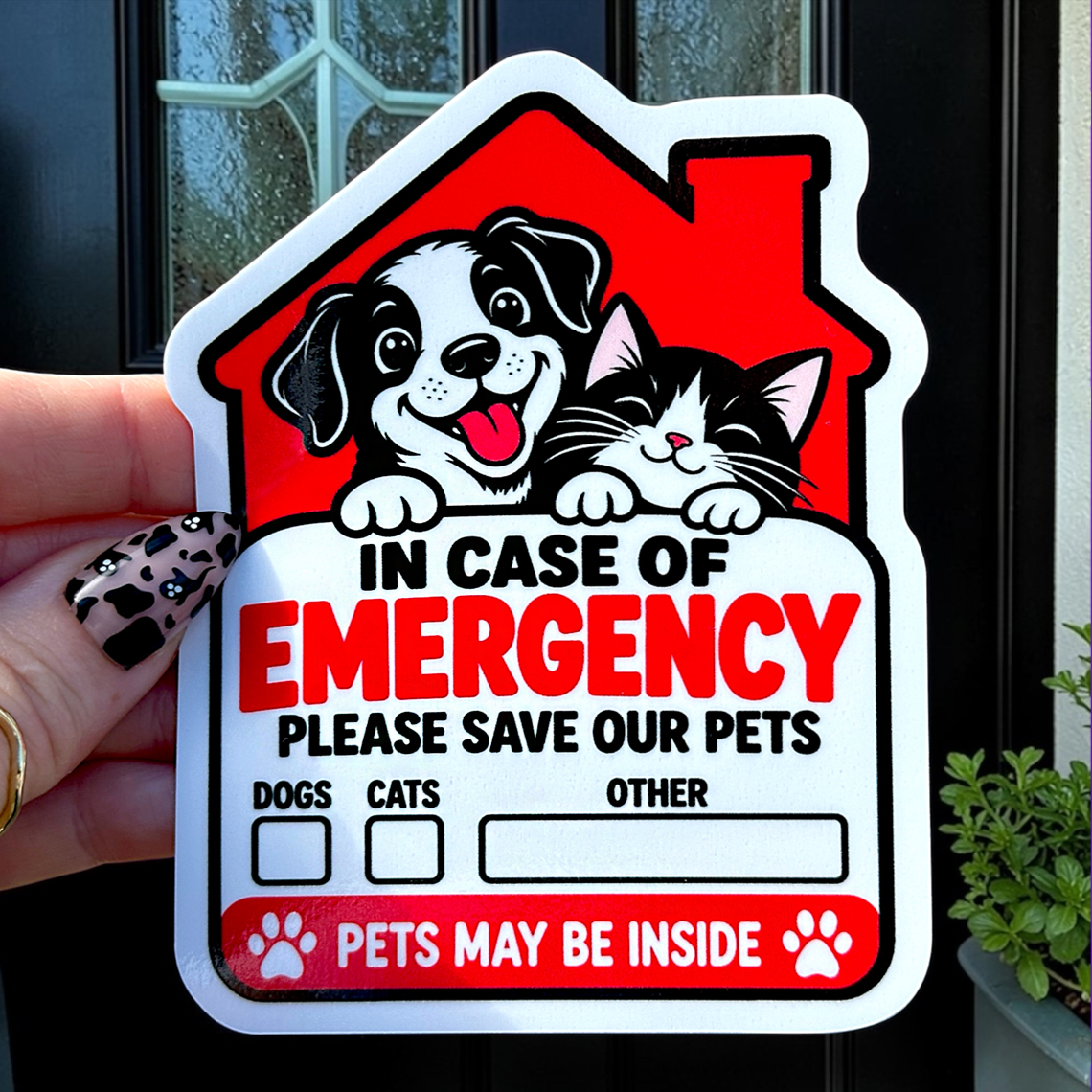 Pet emergency sticker for dogs and cats that alerts first responders pets may be inside
