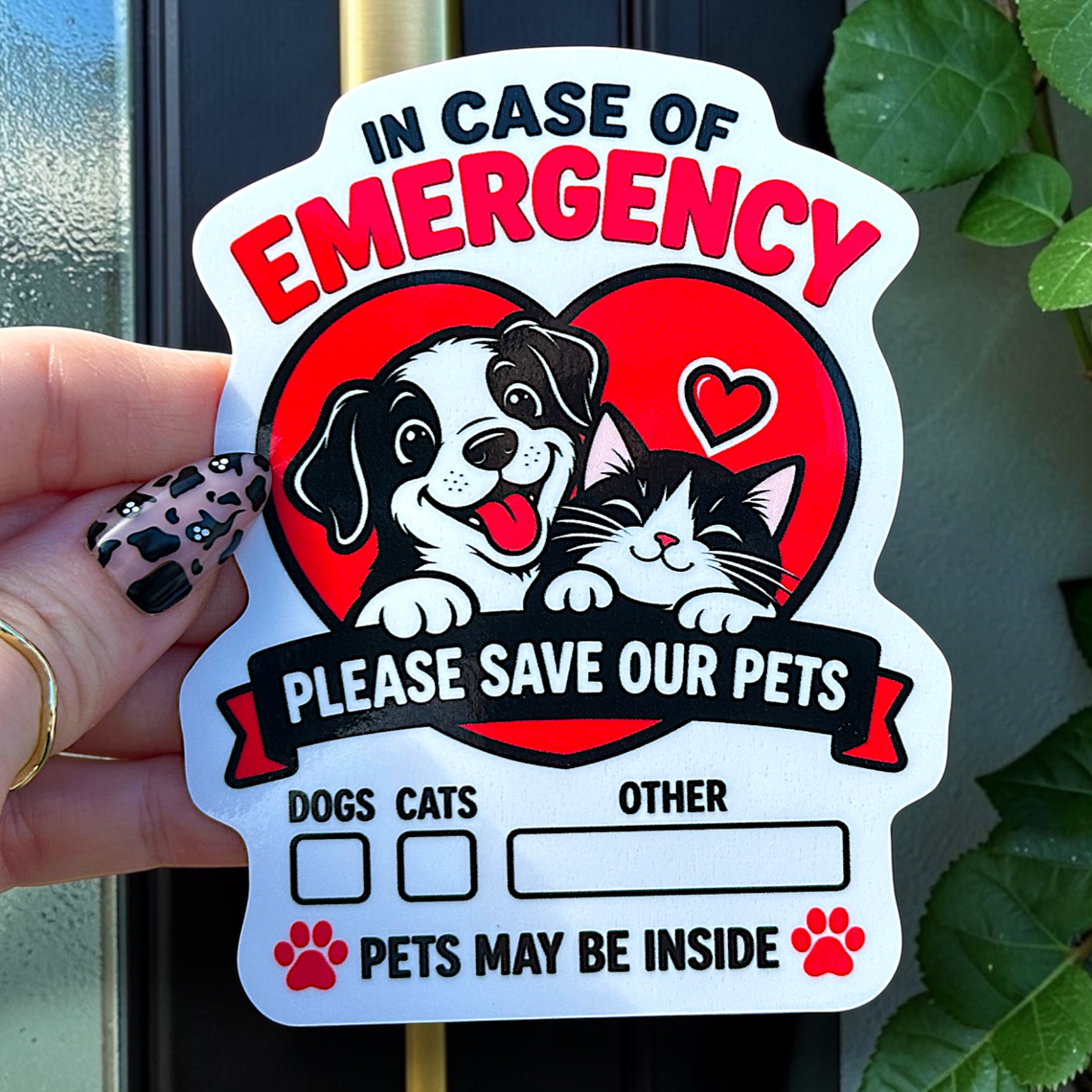 Pet emergency sticker for dogs and cats that alerts first responders pets may be inside